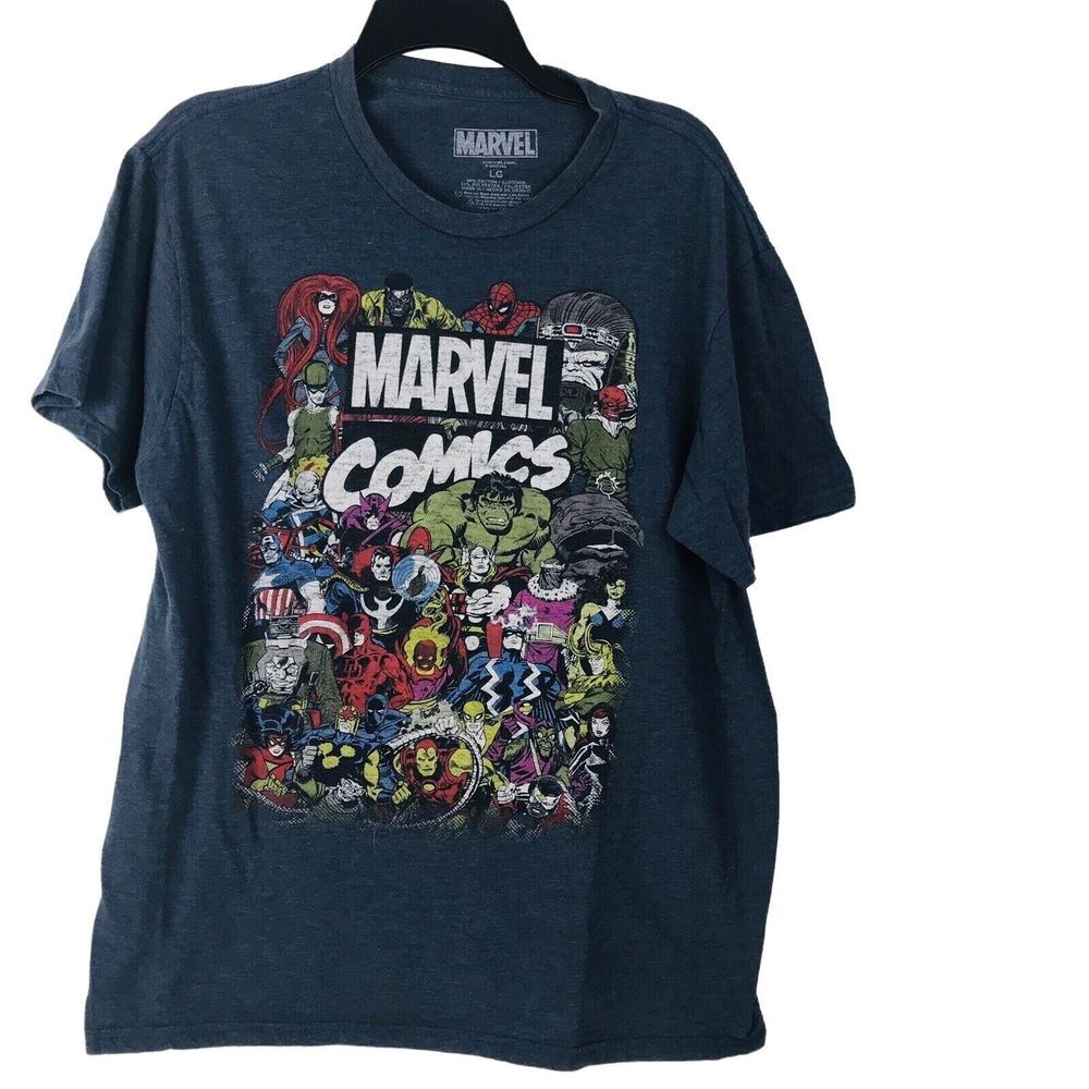 Marvel‎ Superhero Graphic T-Shirt L Hulk Iron Man Blue